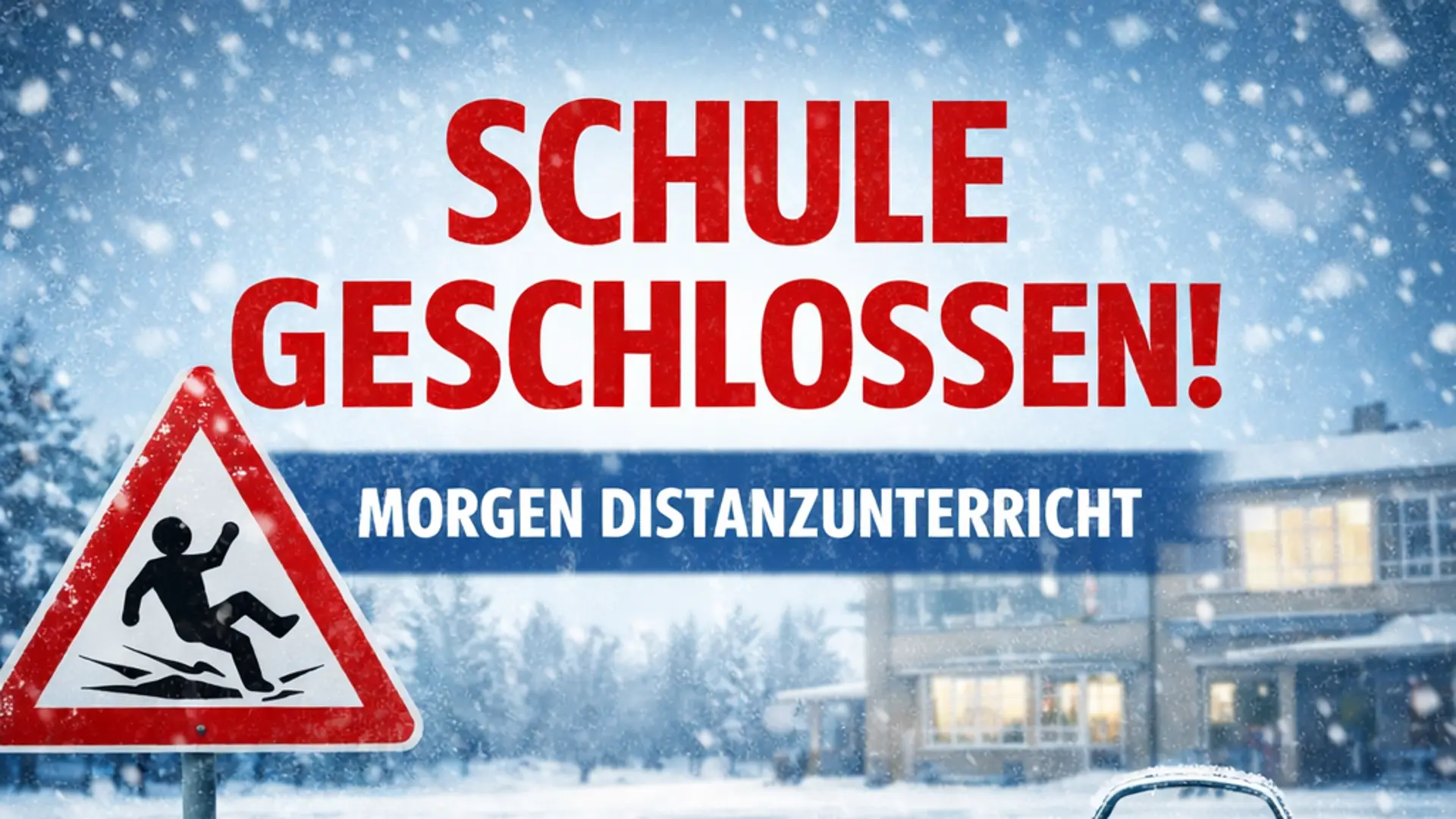 Bild von einer Schule im Schnee und einem Schild auf dem ein Mensch ausrutscht. Schriftzug "Schule geschlossen - Morgen Distanzunterricht"