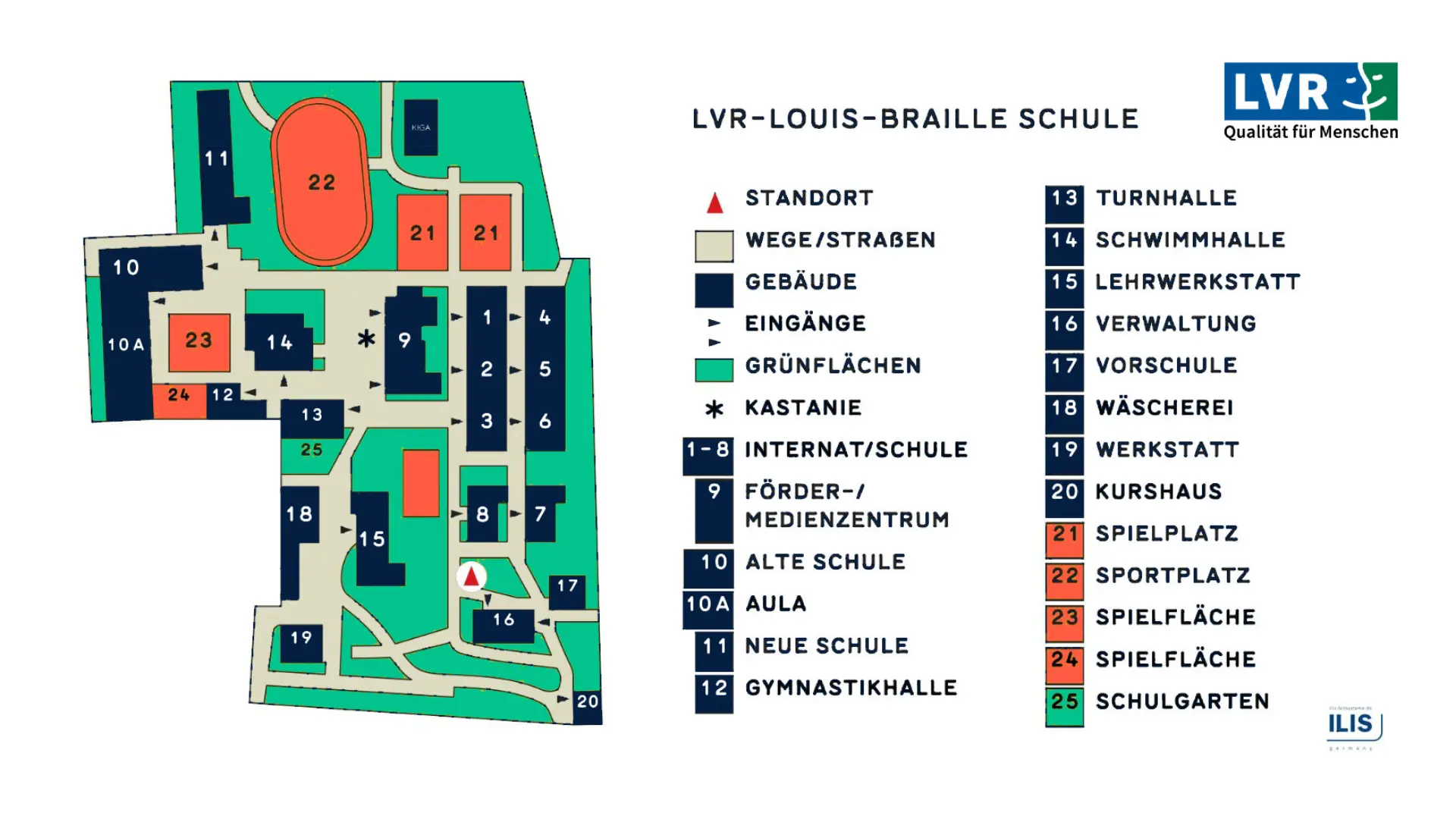 Die Karte zeigt den Plan des Schulgeländes der LVR-Louis-Braille-Schule. Das Gelände umfasst verschiedene Gebäude (nummeriert von 1 bis 20), Sportanlagen (Sportplatz, Turnhalle, Schwimmhalle), Grünflächen und Wege. Eine Legende erklärt die Symbole und Nummern, darunter Internatsgebäude, Schule, Förder-/Medienzentrum, Alte Schule, Neue Schule und weitere Einrichtungen.
