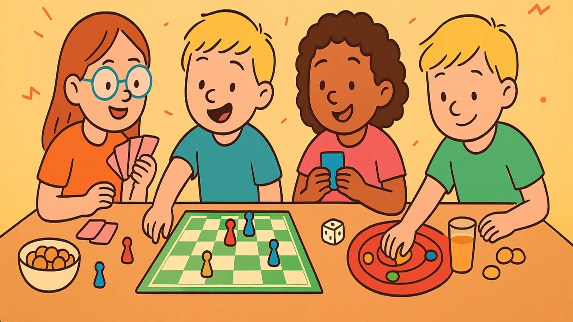 Grafik von vier Kinder, die an einem Tisch sitzen und verschiedene Spiel spielen