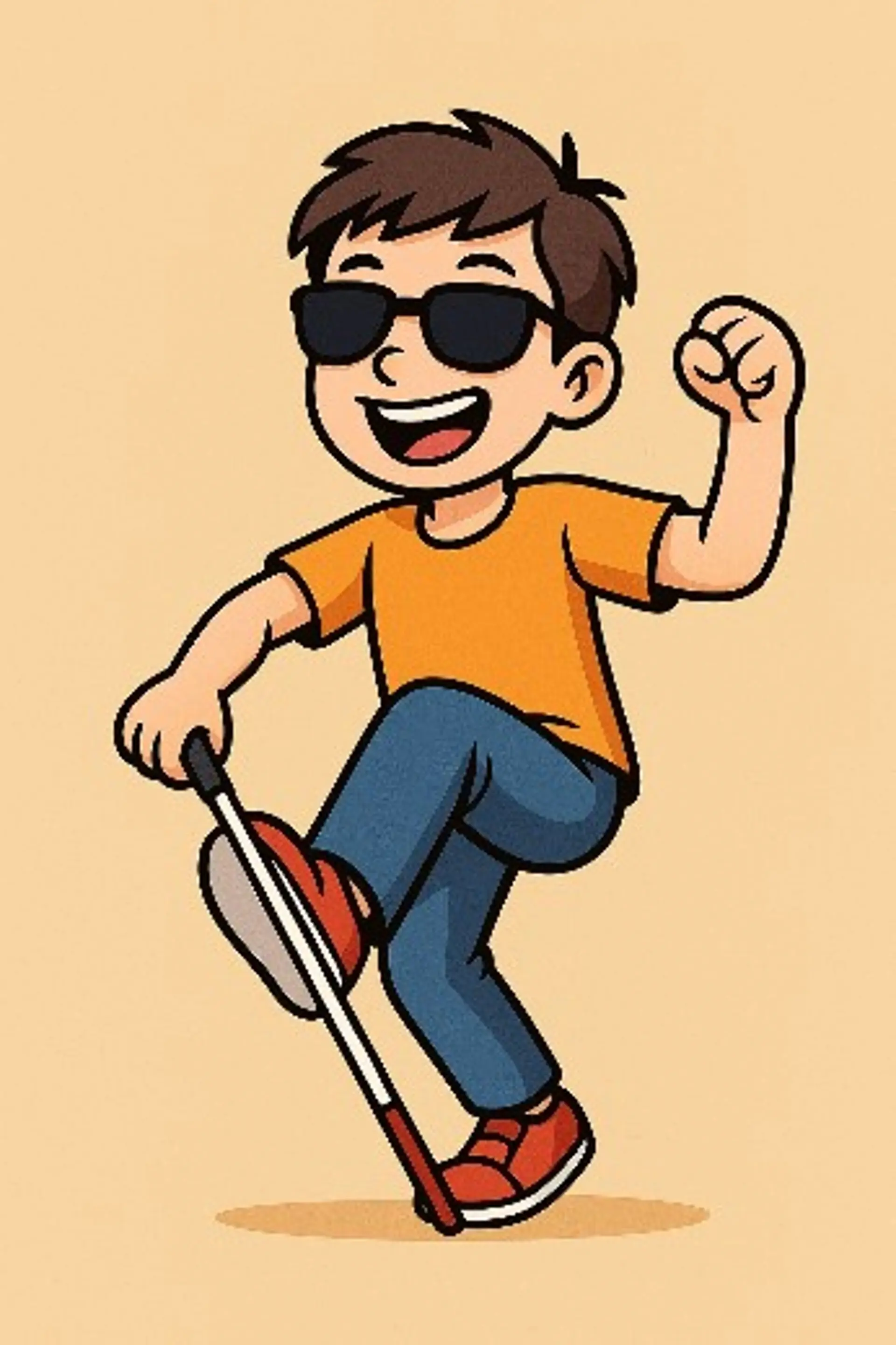 Eine Grafik von einem blinden Schüler der fröhlich mit einem Stock läuft bzw. tanzt