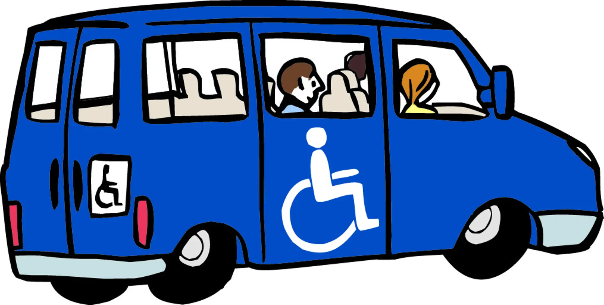 Illustration von einem Kleinbus mit Rollstuhlsymbol an der Seite, der auf einen behindertengerechten Transport hinweist. Im Fahrzeug sitzen mehrere Personen.