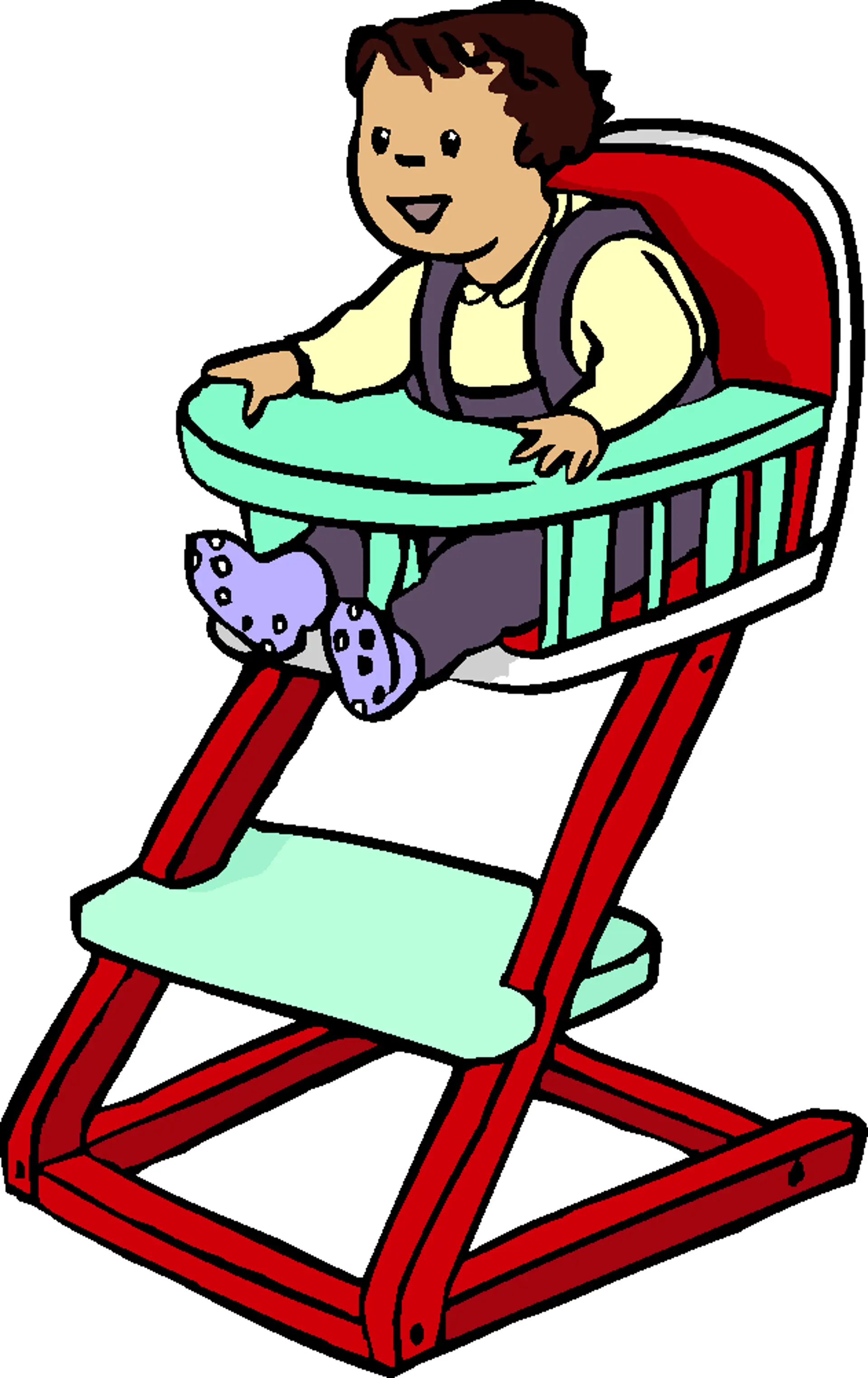 Eine Illustration von einem Baby, das in einem Baby-Hochstuhl sitzt und fröhlich seine Arme und Beine nach vorne streckt .