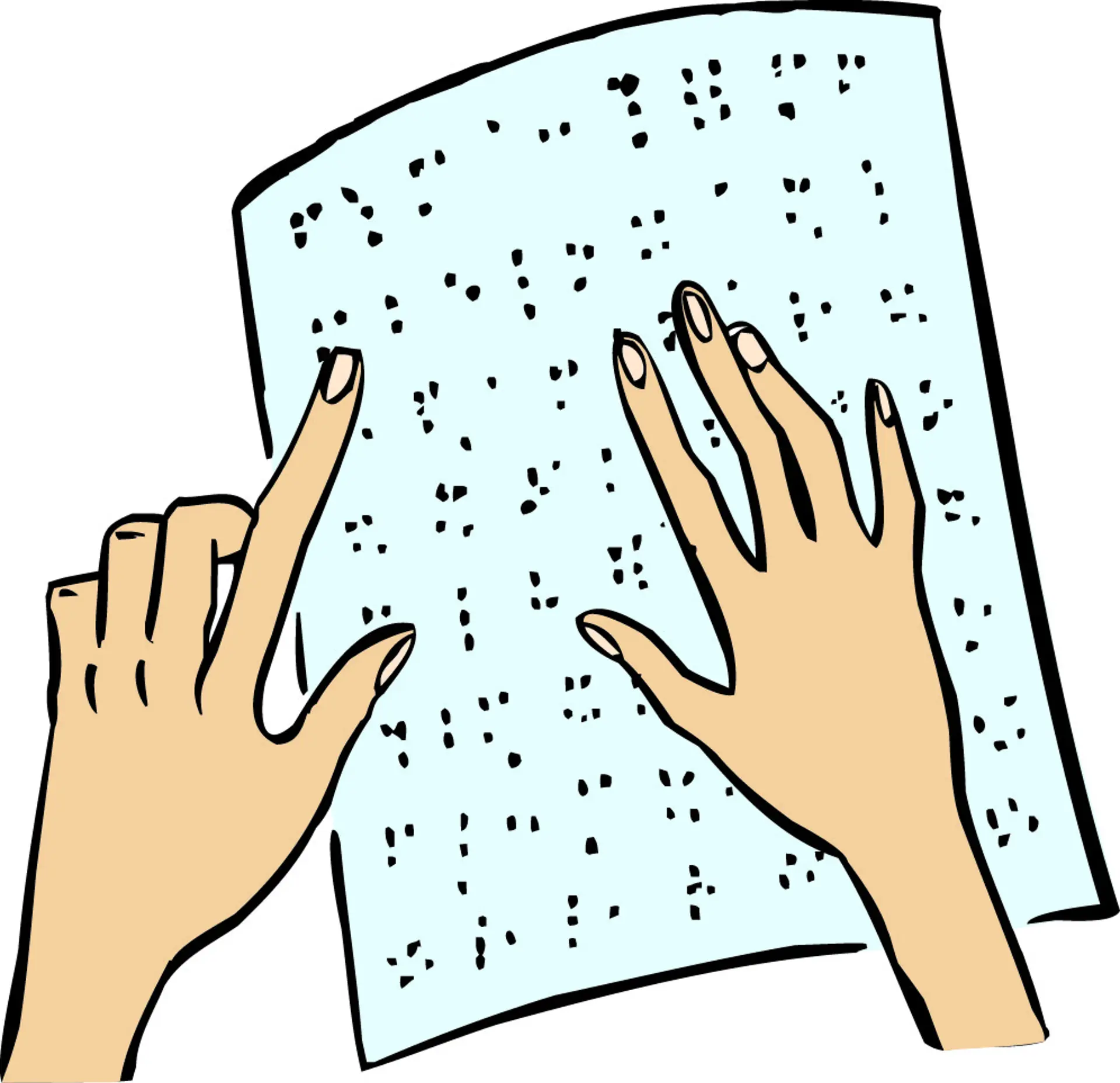 Illustration von zwei Händen, die über ein Blatt mit Brailleschrift, sprich Punktschrift für blinde Menschen, tasten.