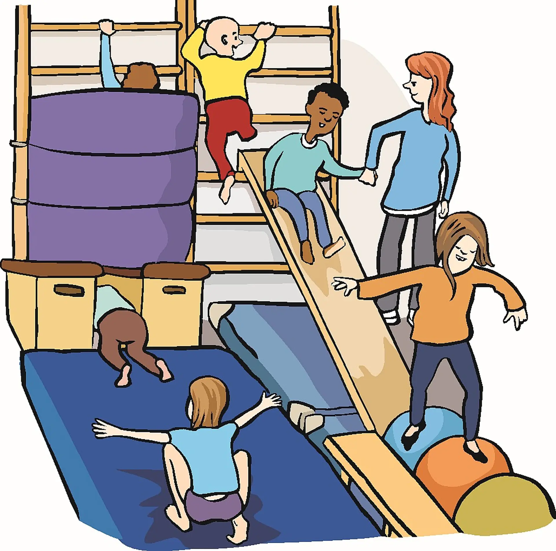 Illustration von vielen kleinen Kindern in der Turnhalle mit einer Lehrkraft beim Sportunterricht.