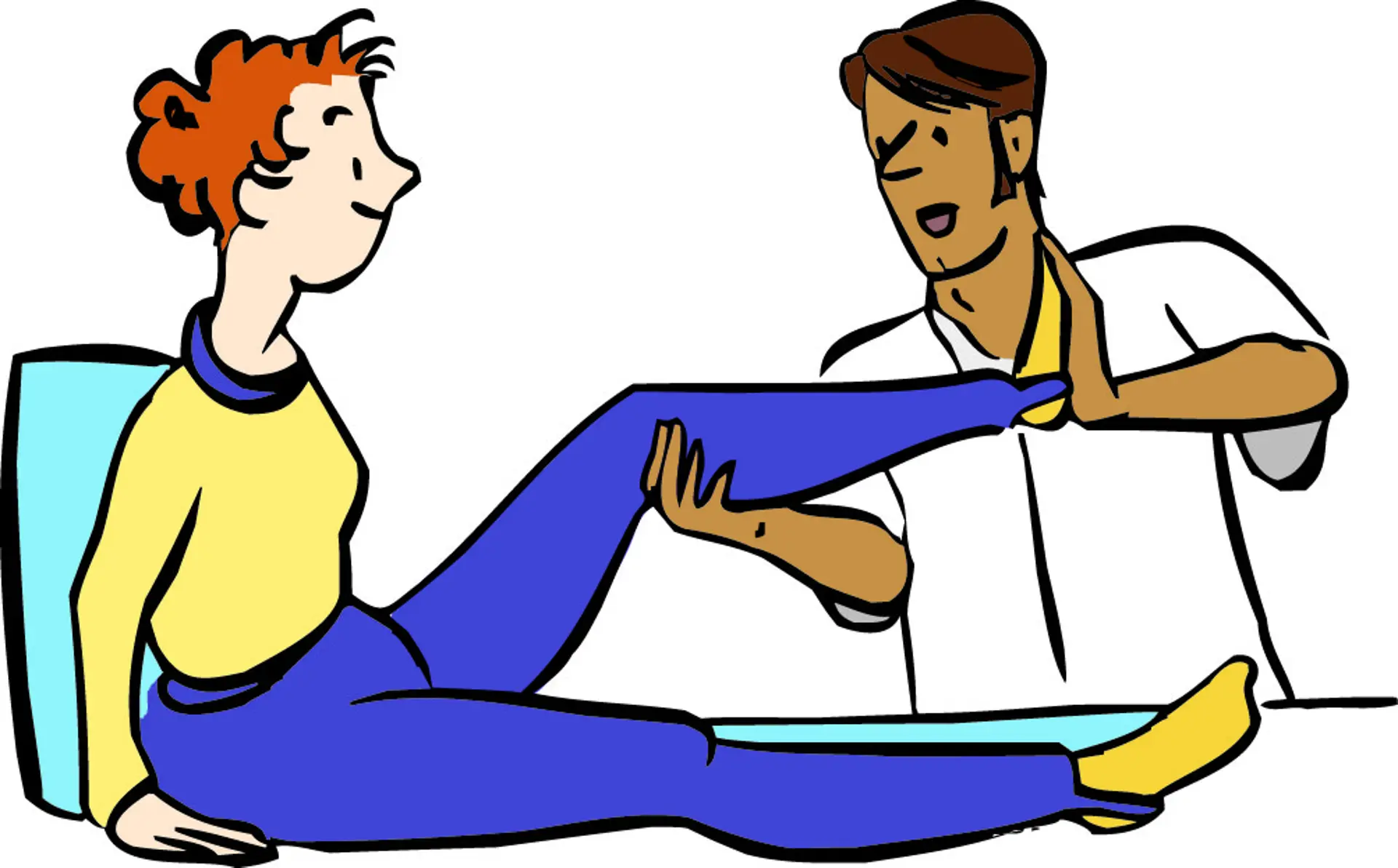 Eine Illustration von einem Arzt im weißen Kittel. Er bewegt das Bein einer Patientin, die auf einer Therapeutenliege sitzt.