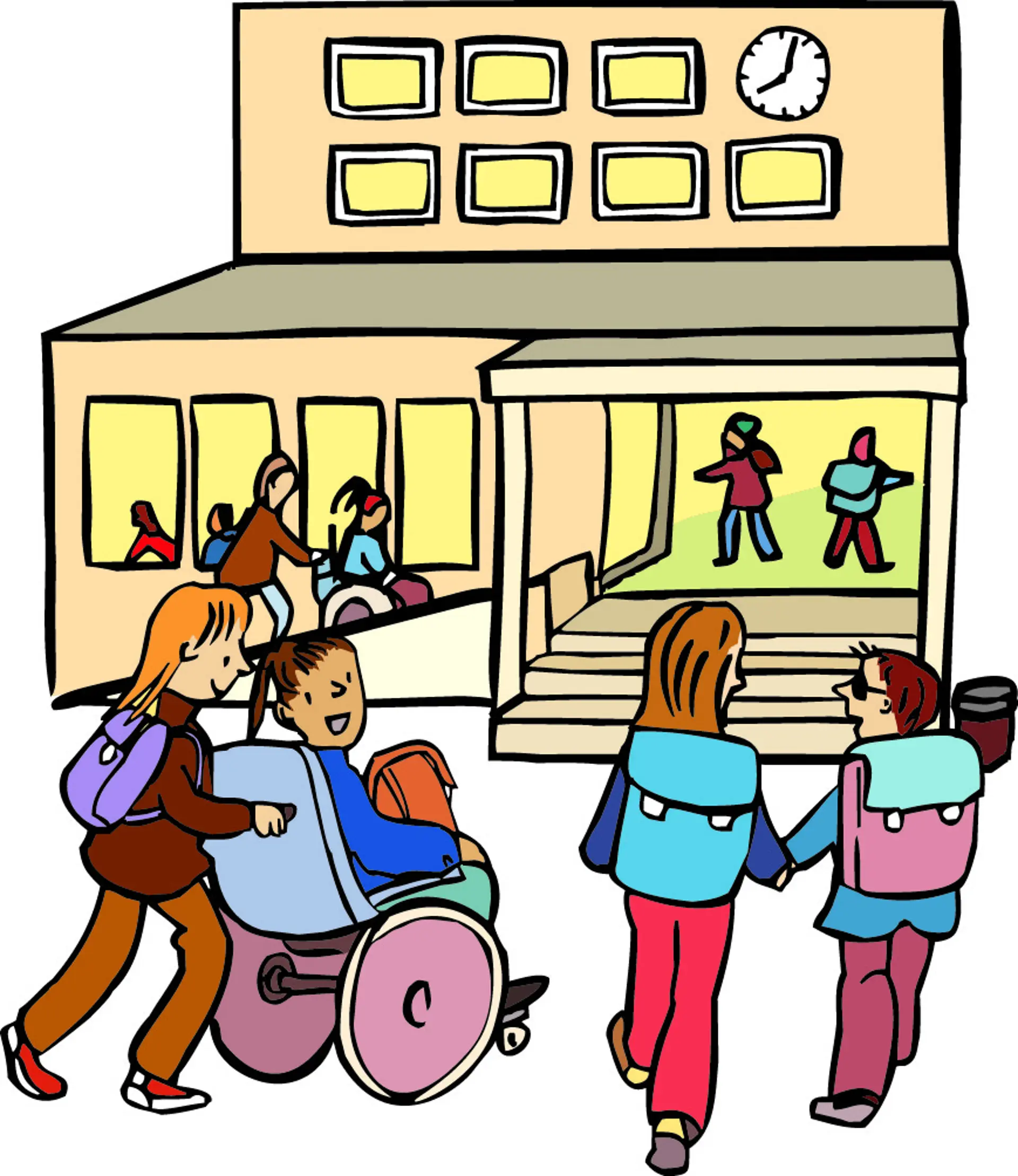 Eine Illustration mit vielen Kindern, die sich in Richtung Schuleingang bewegen. Manche sind zu Fuß, eines davon ist blind, ein Kitz im Rollstuhl.