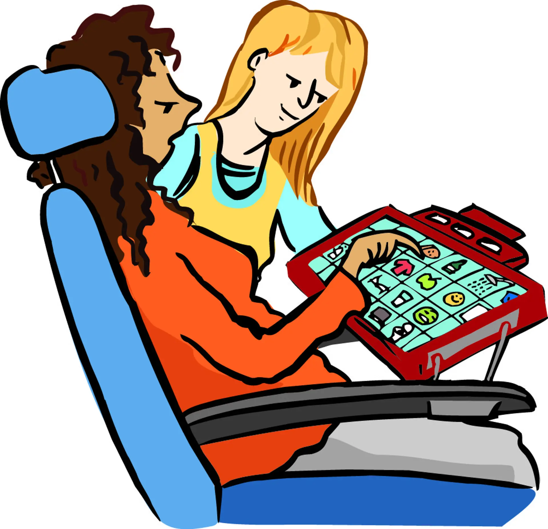 Eine Frau im Rollstuhl, die mit Unterstützung einer anderen Frau ein elektronisches Kommunikationshilfsmittel mit Symbolen und Bildern bedient.