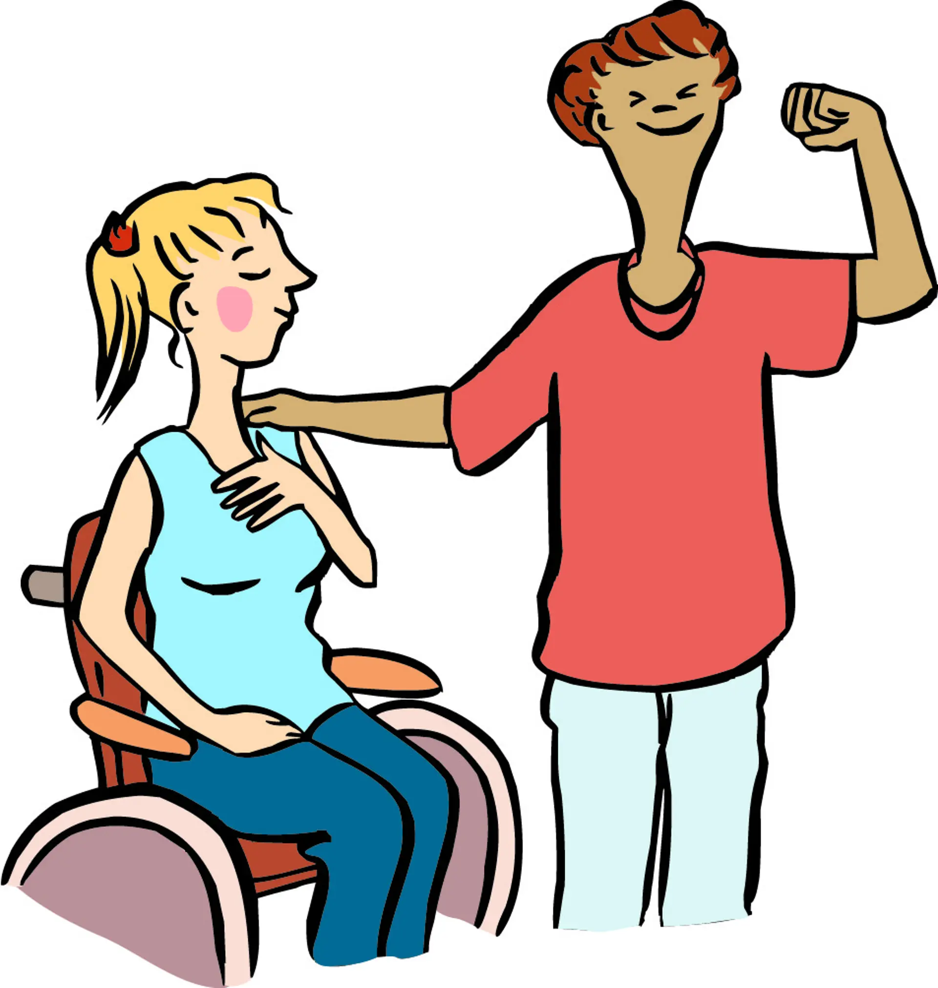 Eine junge Frau im Rollstuhl und ein junger Mann stehen nebeneinander, lächeln und haben die Augen zu. Sie wirken so, als ob sie zufrieden mit sich selbst sind.