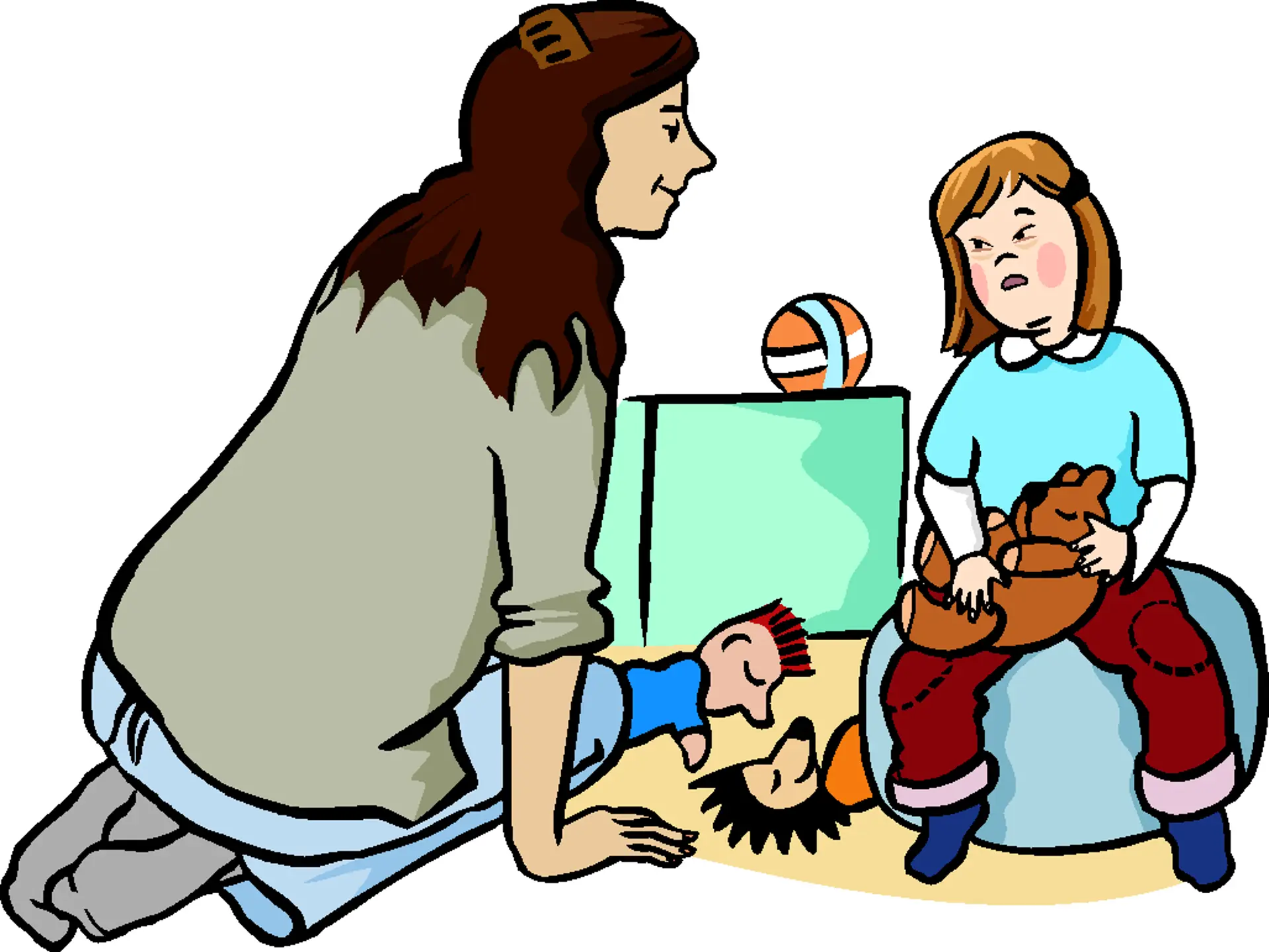 Eine Frau sitzt auf dem Boden und unterhält sich spielerisch mit einem kleinen Kind, das ein Teddy in der Hand hält.