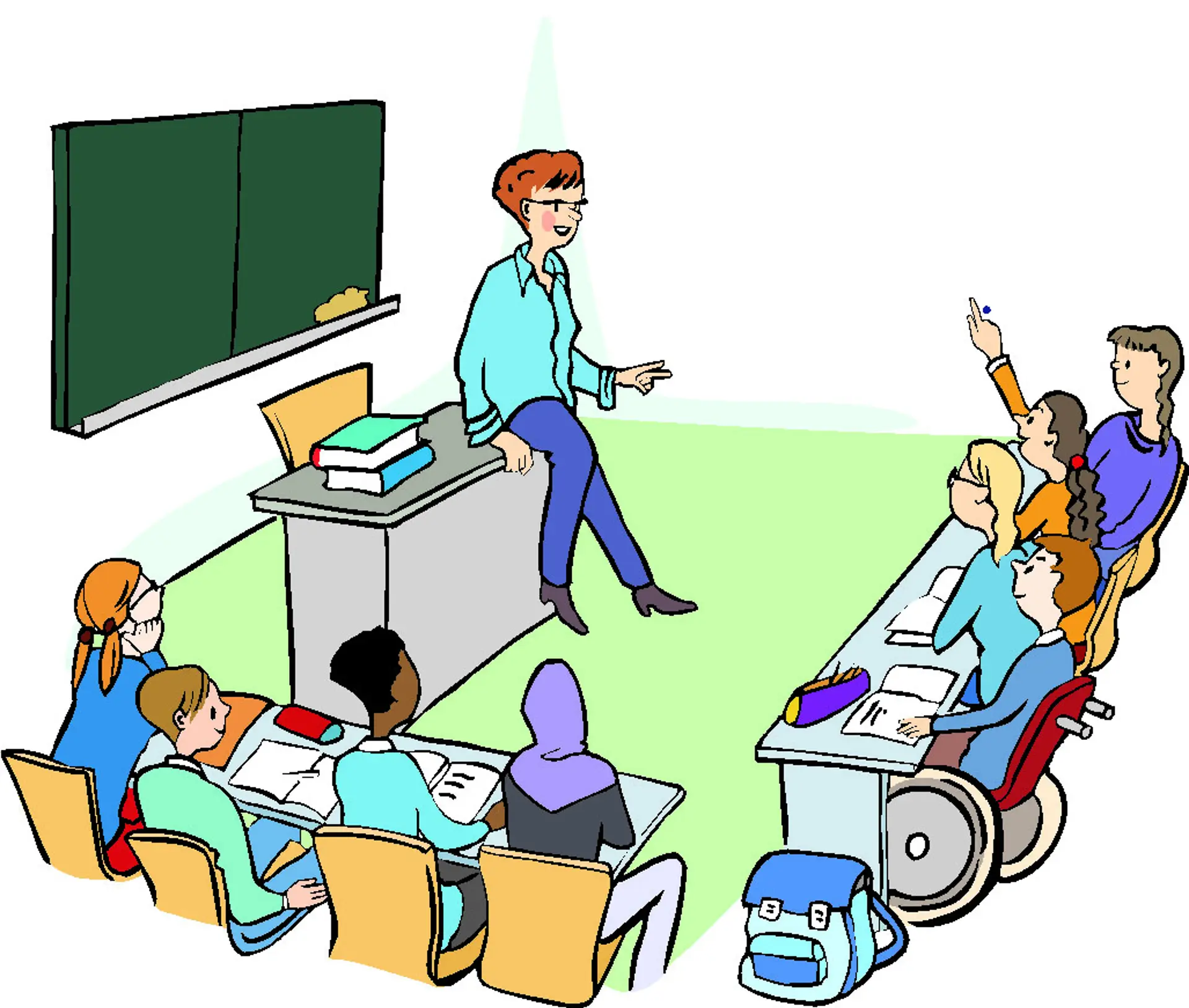 Eine Illustration von einer Lehrkraft, die in der Mitte des Klassenraums vor der Tafel steht und mit der Klasse spricht. Die Klasse besteht aus Kindern mit und ohne Beeinträchtigung.