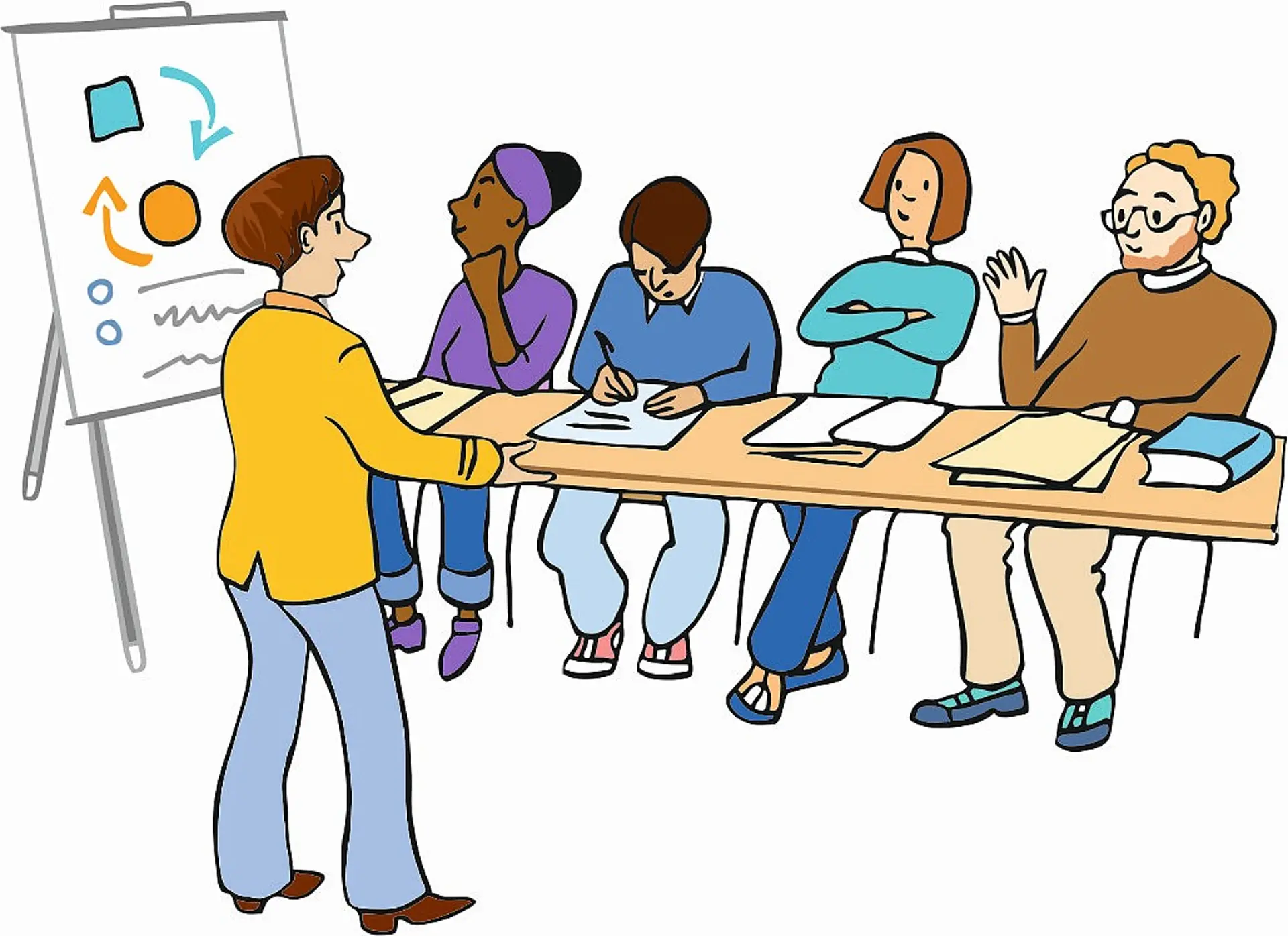 Illustration von vier Personen, die an einem langen Tisch sitzen. Eine Person steht vor ihnen und erklärt ihnen etwas mit Hilfe von Skizzen am Flipchart
