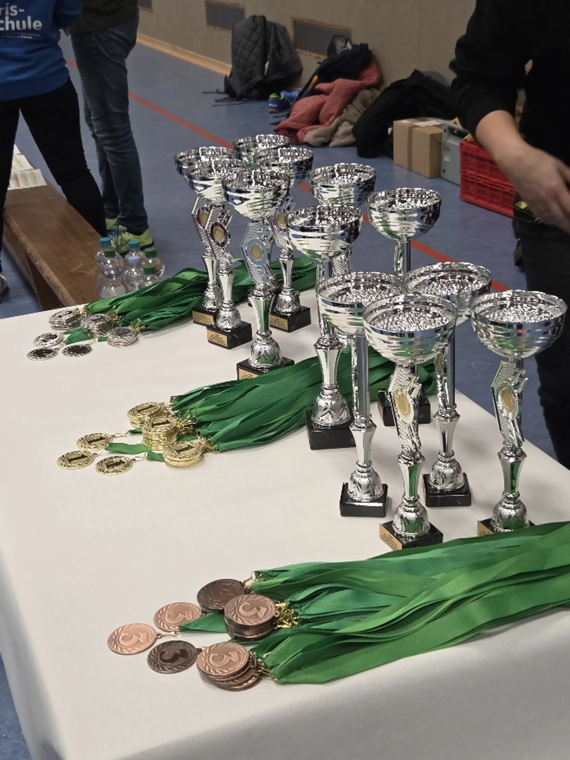 Ein Tisch, auf dem sich die Pokale und Medaillen befinden
