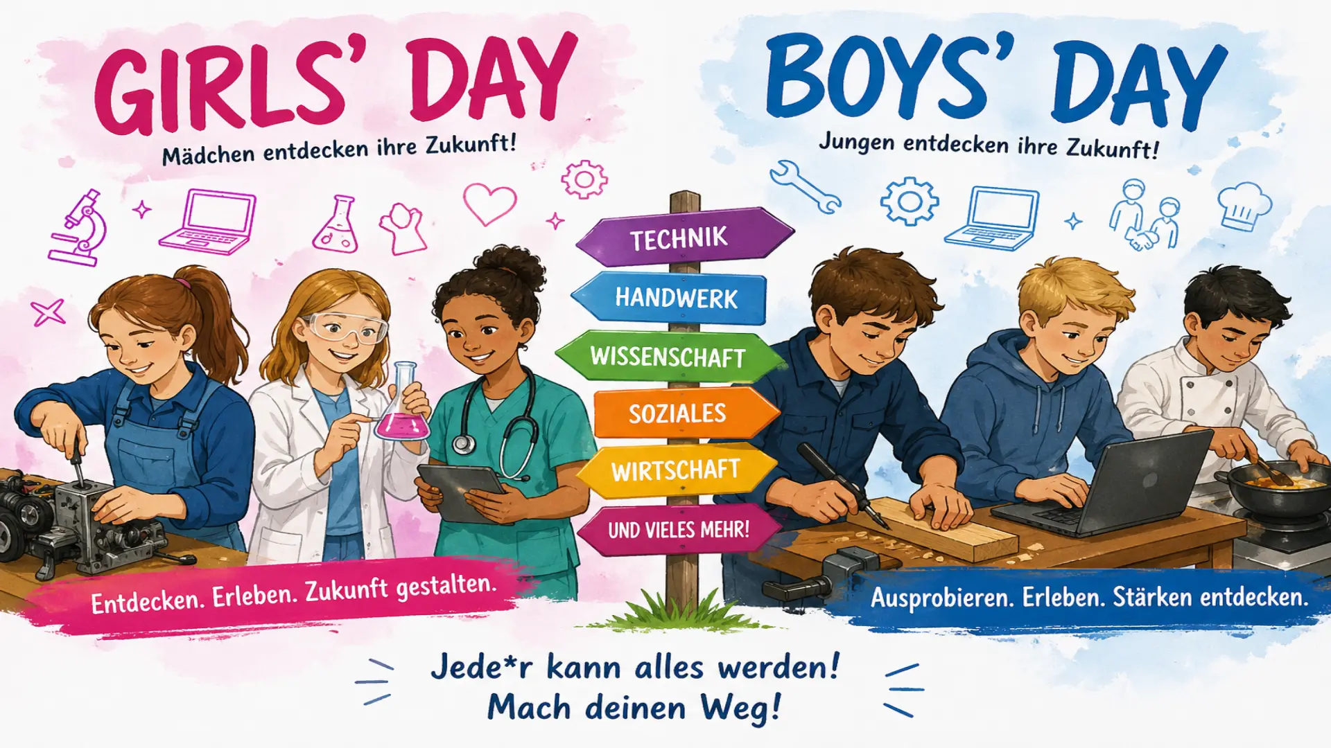 Ein KI-generiertes Bild zum Girls und Boys Day, auf dem sechs Personen in unterschiedlichen Berufsfeldern zu sehen sind. 