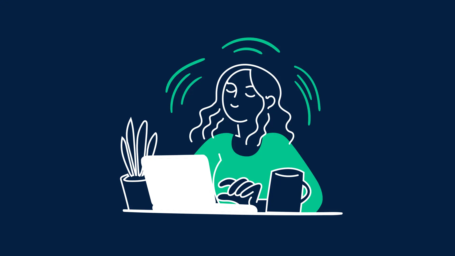 Eine Illustration von einer jungen Frau, die an ihrem Laptop arbeitet. An ihren beiden Seiten steht jeweils eine Tasse und eine Topfpflanze.
