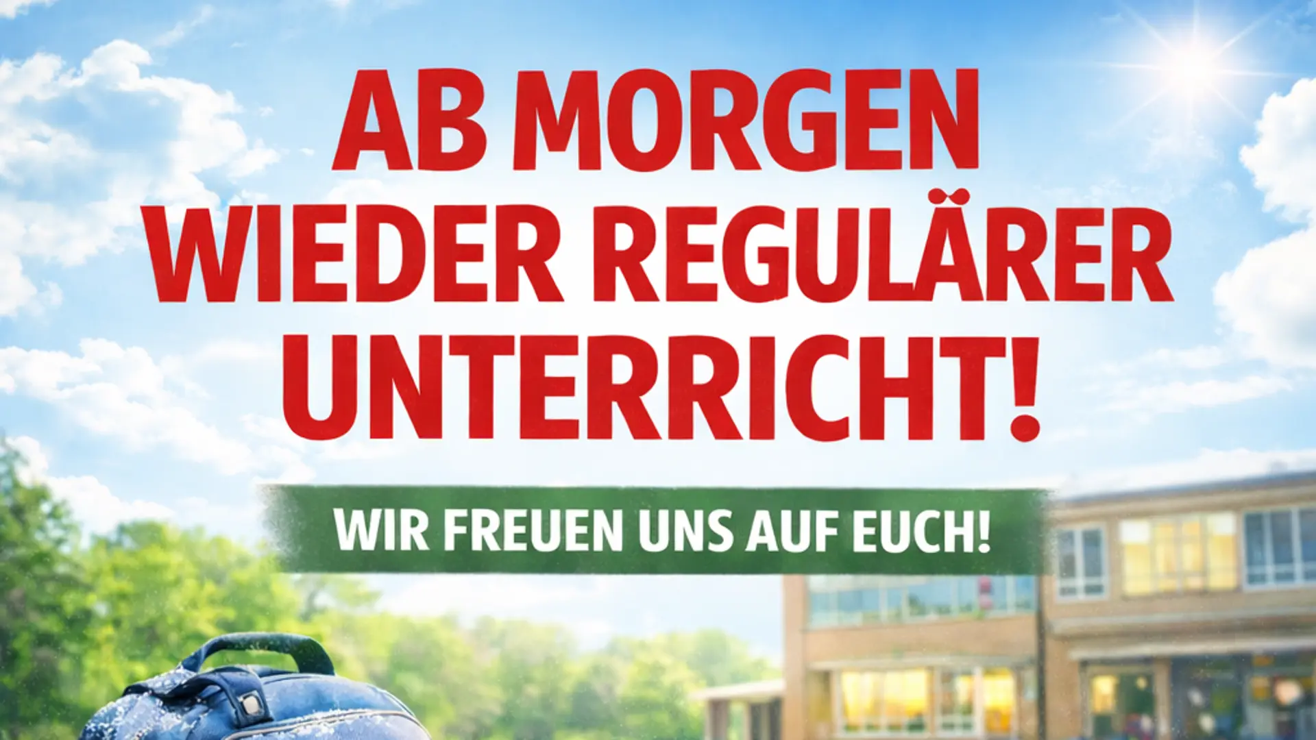 Schulgebäude mit grüner Wiese und dem Text: Ab morgen wieder regulär Unterricht! Wir freuen uns auf euch!